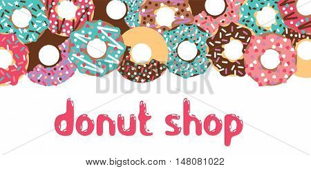 Donuts patisserie banner. Vector donuts isolated. Deserts food in a flat style. Sweet donuts with frosting and caramel topping.