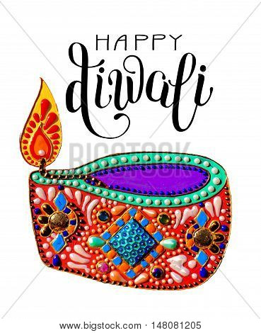 original greeting card to deepavali festival with diya jewels painting and hand lettering inscription happy diwali, vector illustration
