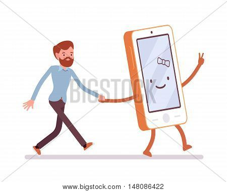 Smartphone and woman are walking hand in hand. Cartoon vector flat-style illustration