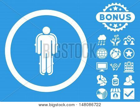 Exoskeleton icon with bonus images. Vector illustration style is flat iconic symbols white color blue background.