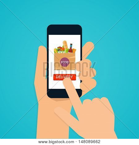 Hand holding mobile smart phone with application food delivery. Food in package. Ecommerce concept: order food online website. Flat design style modern vector illustration concept.