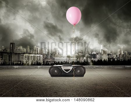 Stereo Tape Recorder And Red Balloon On Storm