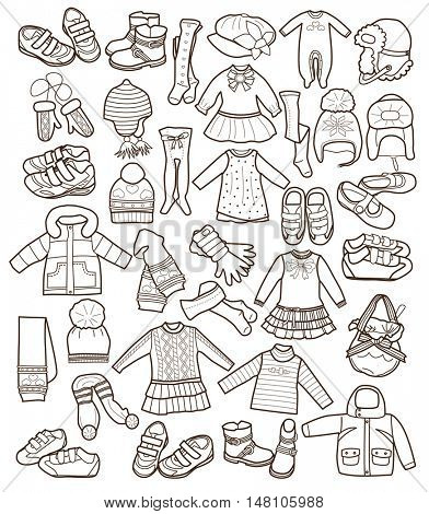 set of fashion children's clothes isolated on white background 
(vector illustration, coloring book)