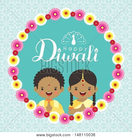 Diwali / Deepavali greeting with cute india kids and floral wreath on blue pattern background. Festival of lights vector illustration.