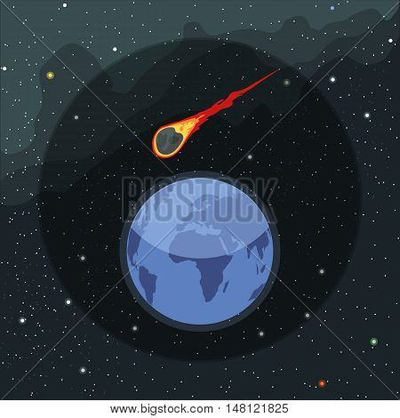 Digital vector planet earth icon with falling asteroid, over stelar background, flat style.
