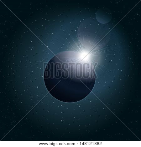 Digital vector planet earth icon with eclipse, over stelar background, flat style.