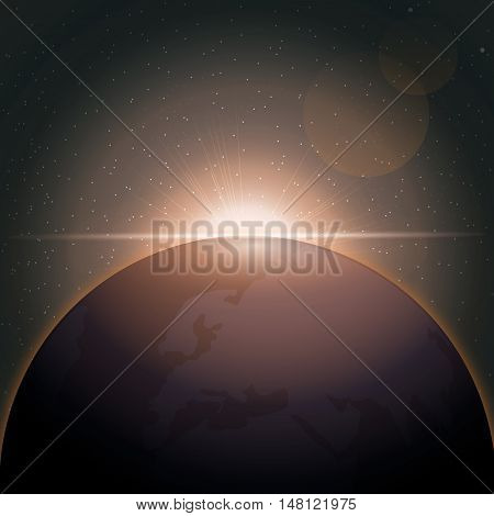 Digital vector planet earth icon with orange sun eclipse, over stelar background, flat style.