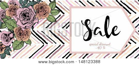 Vector flyer for great sale. Chevron text template. Rose gold flowers and chevron modern brush spot in trendy pastel colors. Use for business fashion promotion.