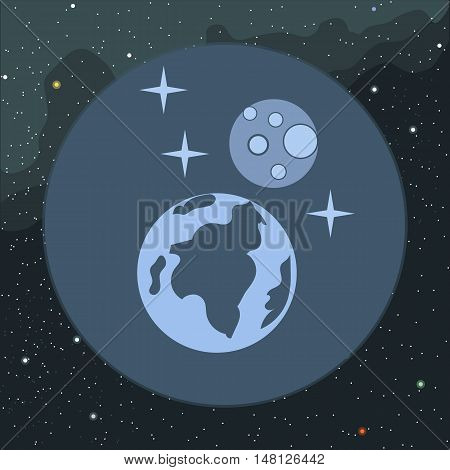 Digital vector planet earth icon with stars and moon, over stelar background, flat style.