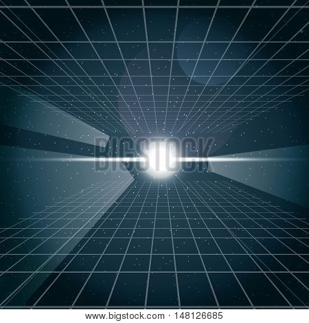 Digital vector cosmic white light and a grid in space, over stelar background, flat style.