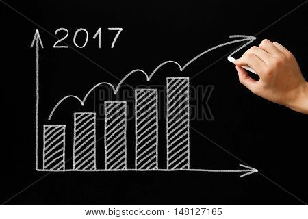 Hand drawing growth graph for year 2017 with chalk on blackboard.