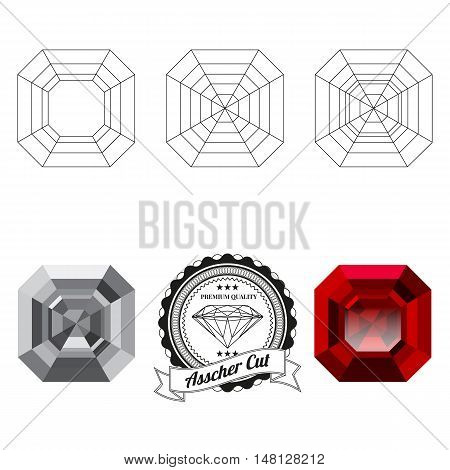 Set of asscher cut jewel views isolated on white background - top view bottom view realistic ruby realistic diamond and badge. Can be used as part of logo icon web decor or other design.