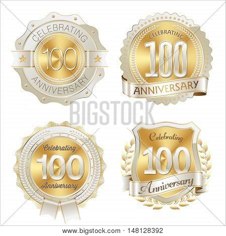 Set of Gold and White 100th Year Anniversary Badges.