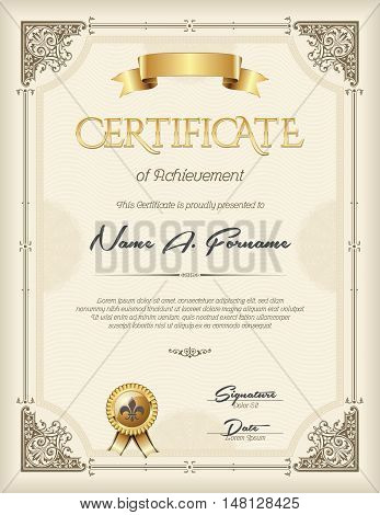 Certificate of Achievement. Vintage Frame. Beige. Portrait.