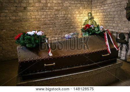 POLAND, KRAKOW - MAY 27, 2016: Grave of Jozef Pilsudski in Wawel castle.  . Jozef Pilsudski was a polish statesman, Chief of State (1918-22), First Marshal of Poland (from 1920), and was an important figure on the European political scene.