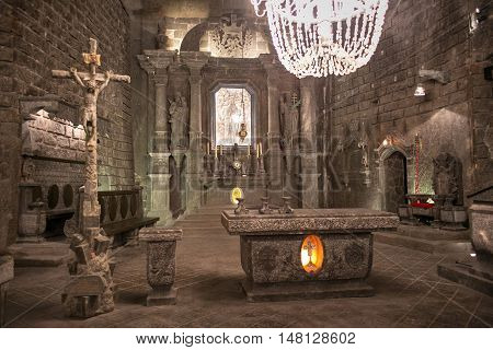 POLAND, WIELICZKA - MAY 28, 2016: Wieliczka Salt Mine.  In UNESCO World Heritage since 1978. Alter in St. Kinga's Chapel