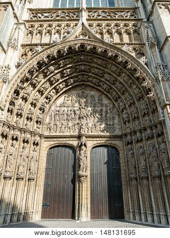 Ornate entrance to Antwerp cathedral near the Great Square or Grote Markt in Antwerp, Belgium