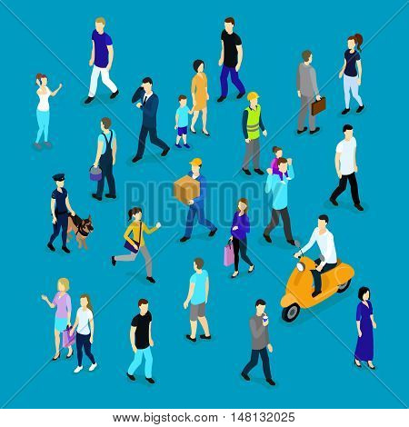 People in crowd isometric collection with families workers and businesspersons on blue background isolated vector illustration