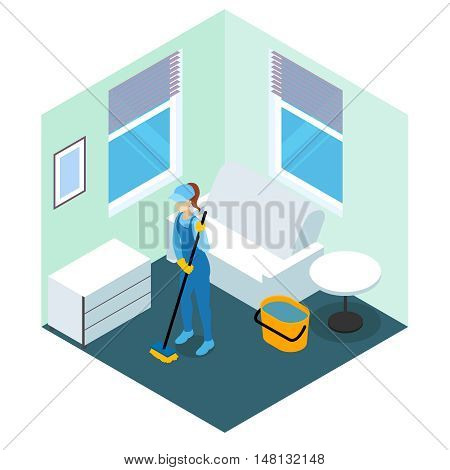 Floor cleaning isometric design in blue tones with woman in overalls with mop vector illustration