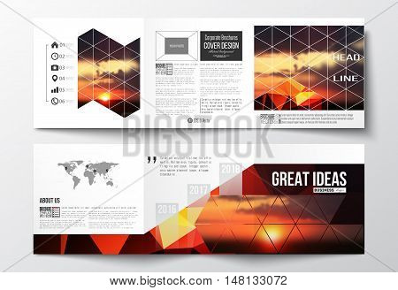 Vector set of tri-fold brochures, square design templates with element of world map. Colorful polygonal backdrop, blurred natural background, amazing summer sunset view, modern triangle vector texture