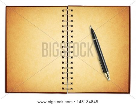 old blank notebook with new pen for take notes included clipping path