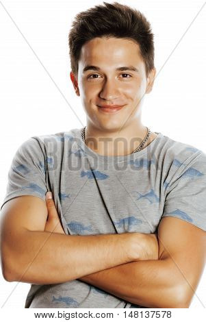 young handsome brunete man emotional posing on white background isolated realy cute lifestyle concept