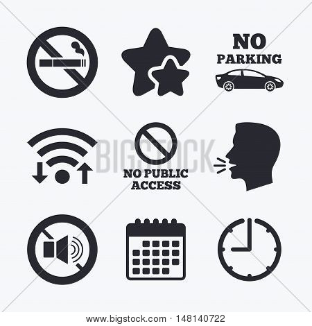 Stop smoking and no sound signs. Private territory parking or public access. Cigarette symbol. Speaker volume. Wifi internet, favorite stars, calendar and clock. Talking head. Vector