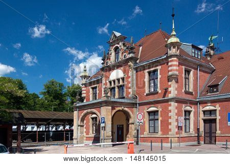 POLAND, GDANSK - JUNE 07, 2014: The building's main train station in Gdansk in the old eclectic style.