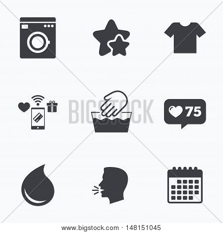 Wash machine icon. Hand wash. T-shirt clothes symbol. Laundry washhouse and water drop signs. Not machine washable. Flat talking head, calendar icons. Stars, like counter icons. Vector