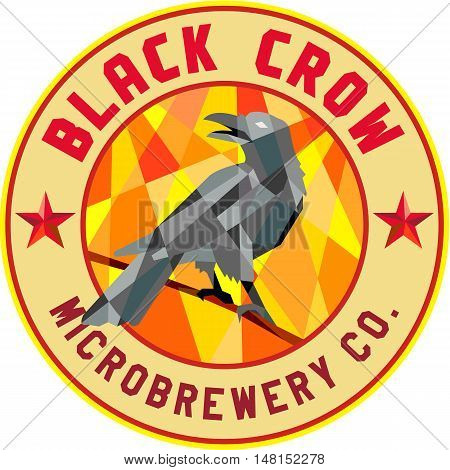Low polygon style illustration of a crow bird perched on a piece of wood looking back set inside circle with the words Black Crow Microbrewery Co.