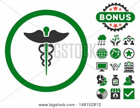 Caduceus icon with bonus pictogram. Vector illustration style is flat iconic bicolor symbols green and gray colors white background.