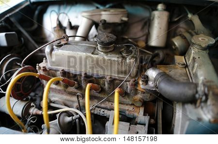MALAYSIA - August 15, 2016: A classic car Mini Austin 850 engine sits in the compartment.