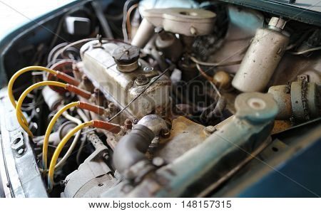 MALAYSIA - August 15, 2016: A classic car Mini Austin 850 engine sits in the compartment.