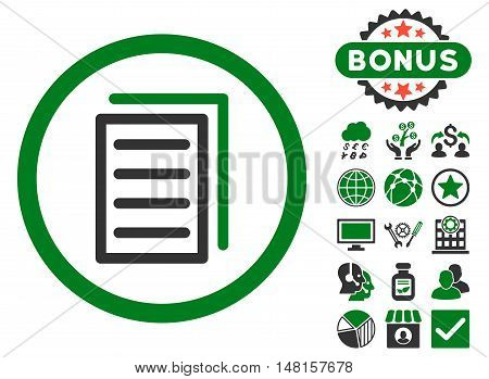 Copy Document icon with bonus elements. Vector illustration style is flat iconic bicolor symbols, green and gray colors, white background.