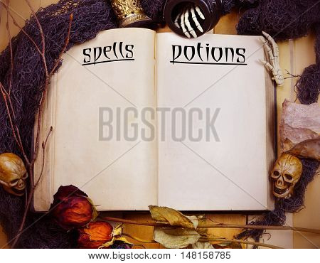 Halloween image of an old book with pages titled for spells and potions surrounded by artifacts like skulls dead flowers minerals twigs and skeleton hands. Copy space. Vintage filter applied.
