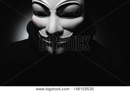 Saint-Petersburg, Russia - September 16, 2016: Photo of man wearing Vendetta mask, studio shot