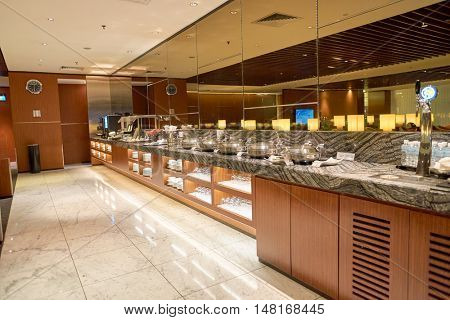 SINGAPORE - CIRCA AUGUST, 2016: The KrisFlyer Gold Lounge at Singapore Changi Airport's Terminal 2. Changi Airport is the primary civilian airport for Singapore.