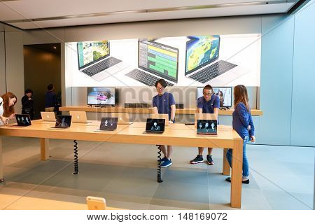HONG KONG - CIRCA SEPTEMBER, 2016: inside of Apple store. Apple Store is a chain of retail stores owned and operated by Apple Inc., dealing with computers and consumer electronics.