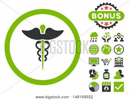 Caduceus icon with bonus symbols. Vector illustration style is flat iconic bicolor symbols, eco green and gray colors, white background.