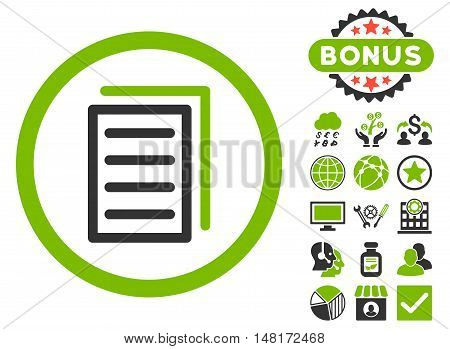 Copy Document icon with bonus design elements. Vector illustration style is flat iconic bicolor symbols, eco green and gray colors, white background.