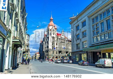 ST PETERSBURG RUSSIA - APRIL 25 2015: The corner tower of the House of City Offices located in Voznesensky Prospekt on April 25 in St Petersburg.
