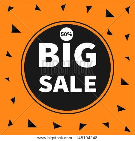 Big sale black tag circle round banner advertising poster. Autumn fall halloween season offer. Flat design. Orange background with triangles. Vector illustration
