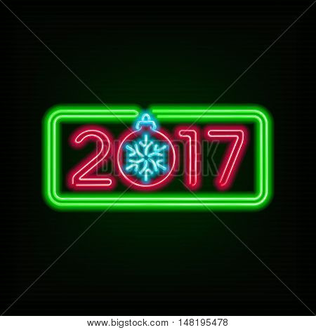 New Year neon sign. 2017 text and Christmas ball on a dark background.