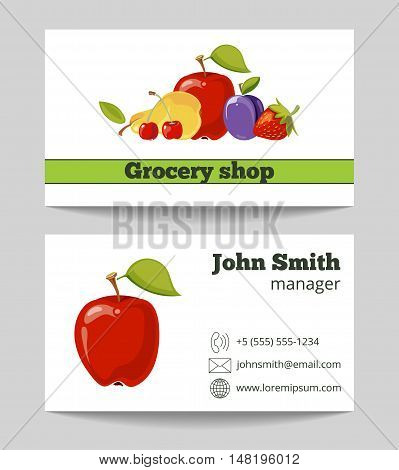Grocery shop business card template with natural fruits. Vector illustration