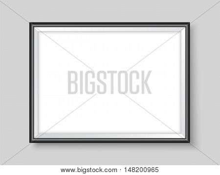 Frame on the wall. Photoframe mock up. Vector empty blue frame for your design. Template for horizontal picture painting poster or photo.