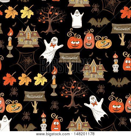 Vector seamless hand drawn pattern on the theme of Halloween. Pattern with isolated Halloween symbols - pumpkins candle houses trees on black color. Background for use in design, web site, packing, textile, fabric