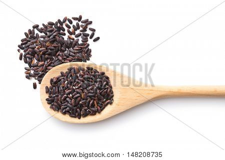 The nerone rice in wooden spoon isolated on white background.