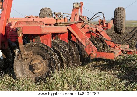 Close up of a disk ripper in the field