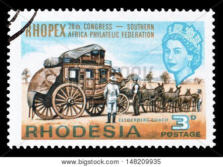 RHODESIA - CIRCA 1966 : Cancelled postage stamp printed by Rhodesia, that shows Zeederberg Coach.