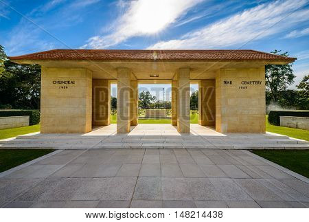 Main Gate of Chong-Kai War Cemetery at Kanchanaburi Thailand. The cemetery contains the remains of 1750 Allied prisoners during world war two.